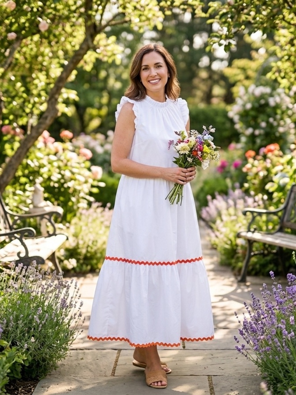 J. Crew White Midi Dress with Orange Trim